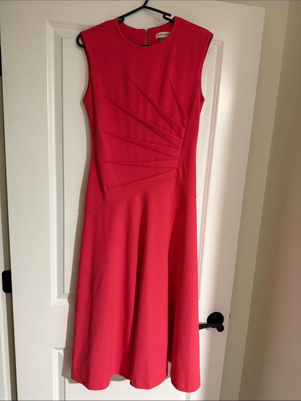 Calvin Klein Coral Midi Dress with Sculpted Pleats